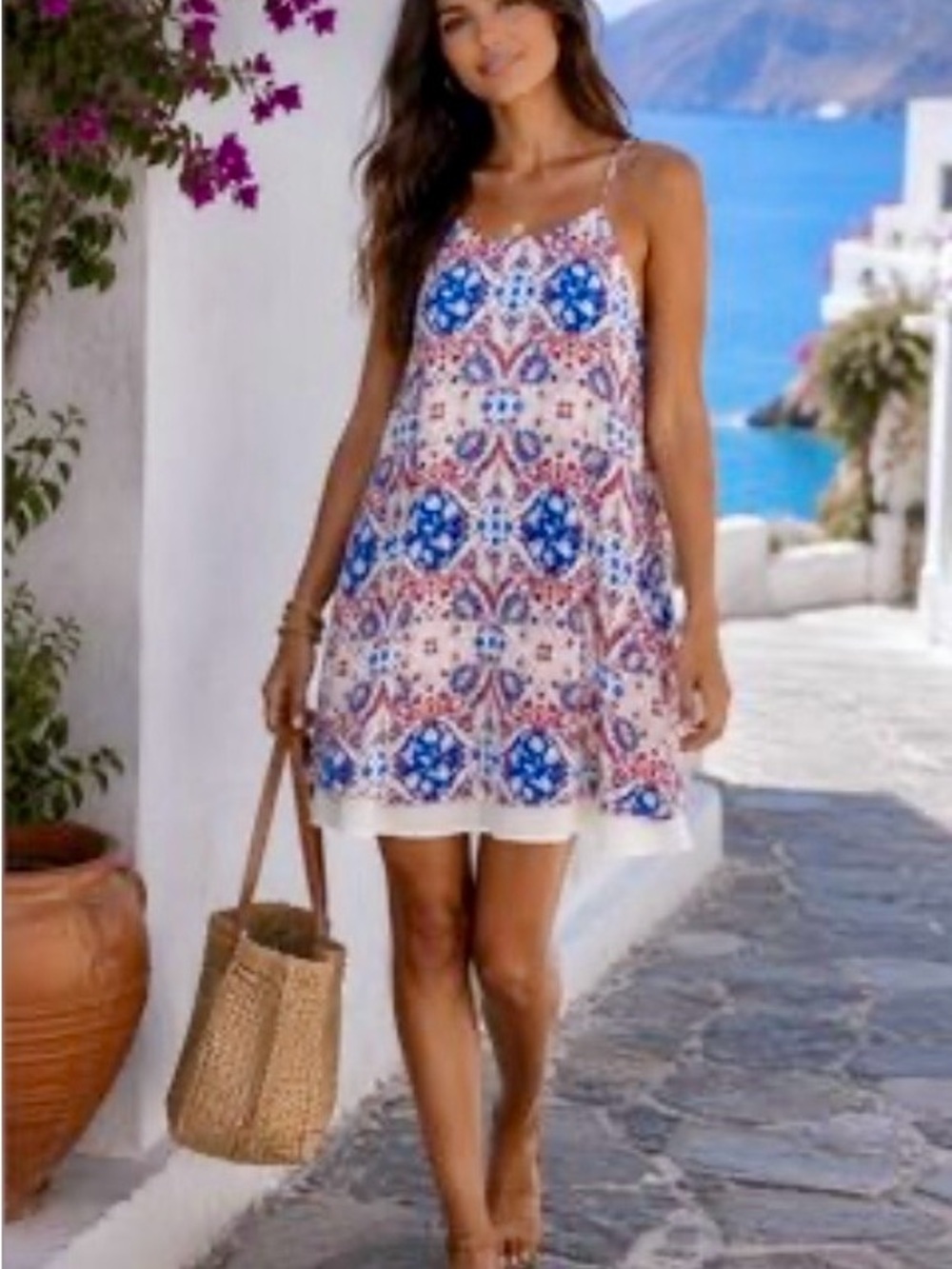 Pink Rose, Sz M, Red, White and Blue Tile-Print Mini Sundress! EUC, like NEW!